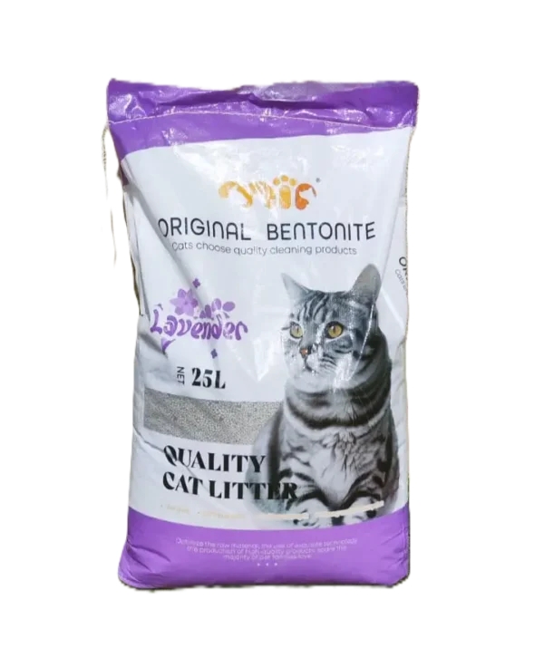 Arena sanitaria MIP 20kg lavanda, bentonita aglomerante para gatos. Alto rendimiento, control de olores y bajo polvo.