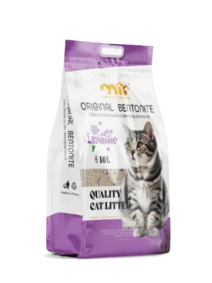 Arena sanitaria MIP 8kg lavanda, bentonita aglomerante para gatos con control de olores y bajo polvo.