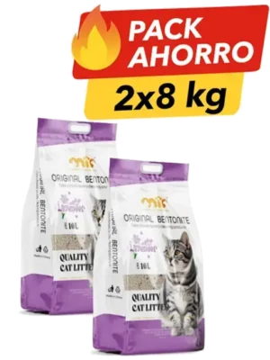 Pack ahorro MIP 16kg, 2 bolsas de arena sanitaria aglomerante lavanda para gatos. Ideal para mayor duración y hogares con varios felinos.