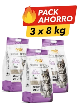 Pack ahorro MIP 24kg, 3 bolsas de arena sanitaria aglomerante lavanda para gatos. Ideal para mayor duración y hogares con varios felinos.
